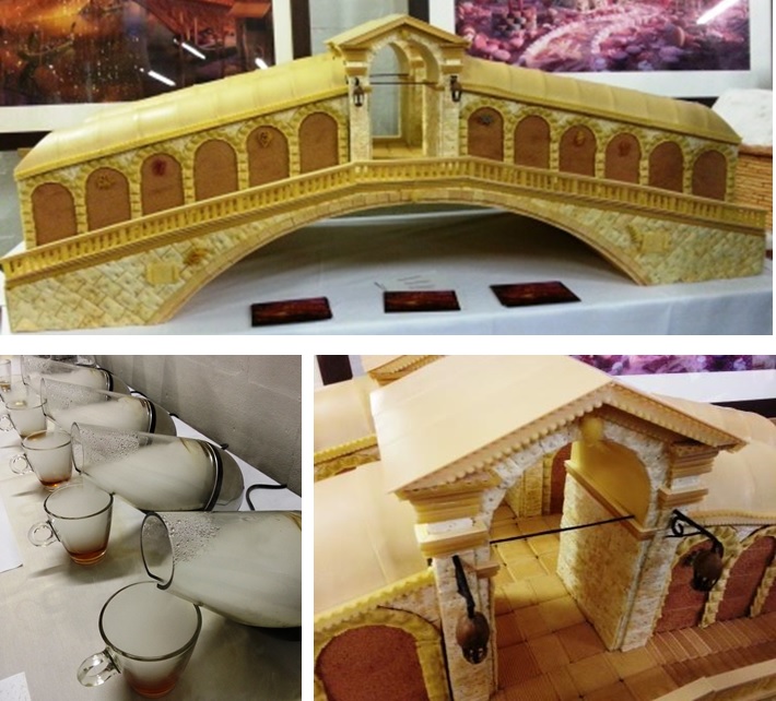 Experimental Food -- Top and bottom right: The Rialto Bridge made of pasta and crackers; Bottom left: Vapourised tea.